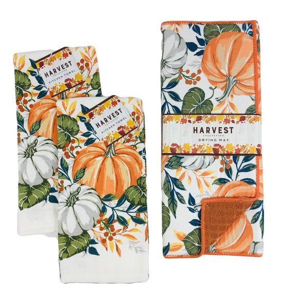 Colorful Fall Dish Drying Mat + Kitchen Towel Set - Picture 1 of 3